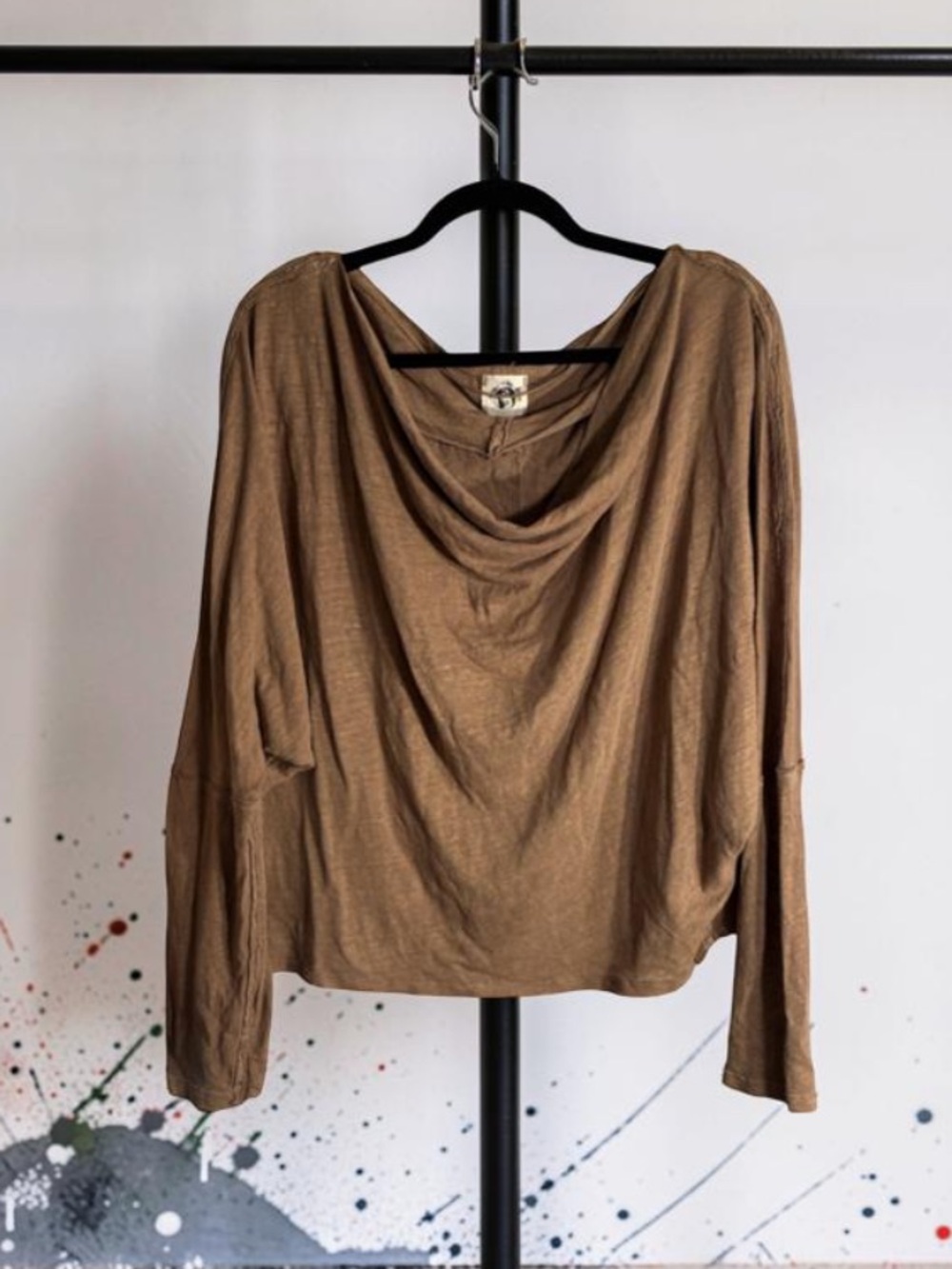 We The Free Brown Draped Long Sleeve Cotton/Linen Top